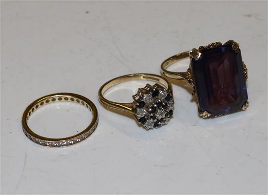 2 x 9ct gold, gem set rings and and 18ct gold eternity ring